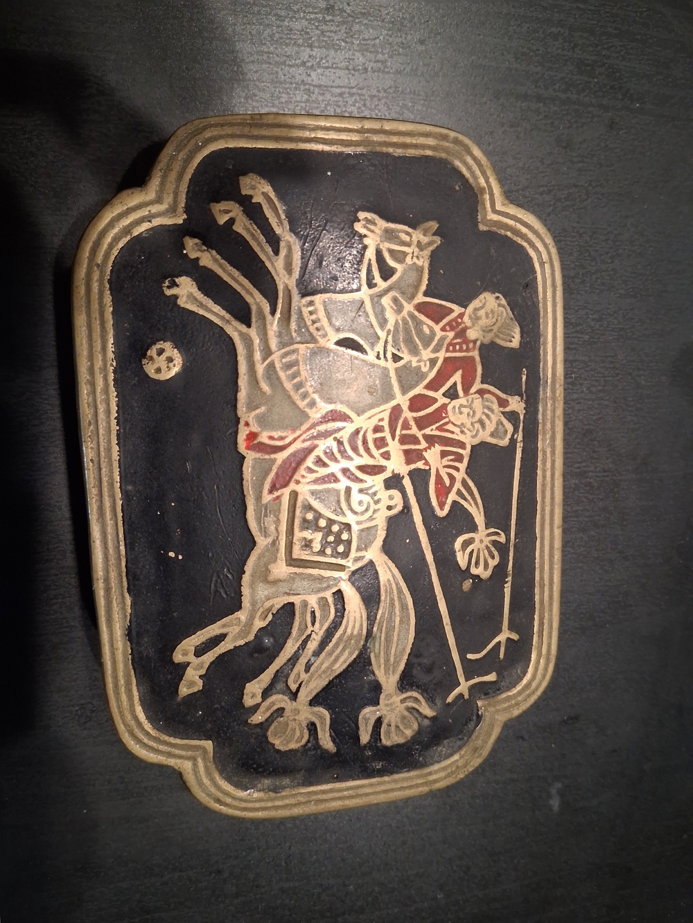 Vintage Decorative Box Lid with Equestrian Motif - Black & Gold